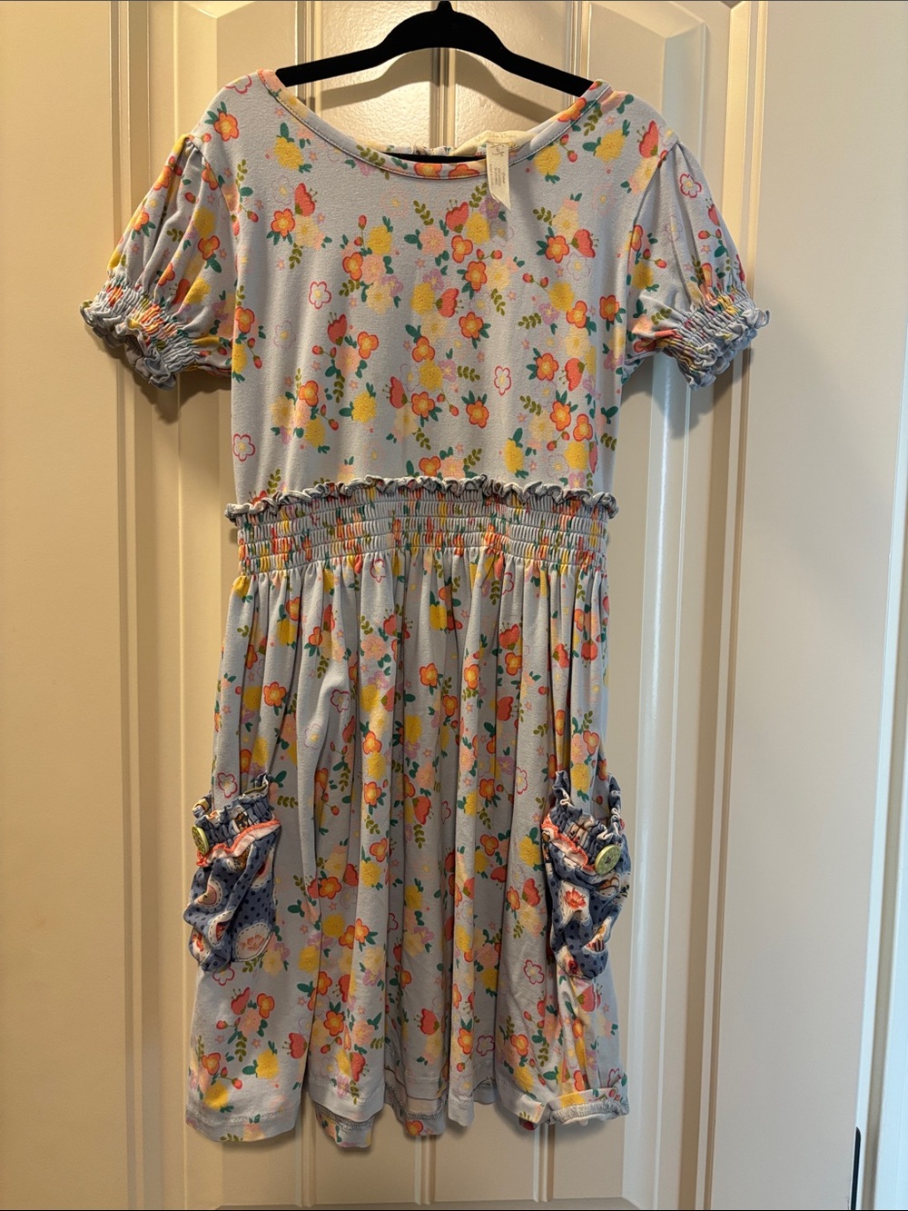 Matilda Jane Light Blue Floral Smocked Waist Dress with Puff Sleeves